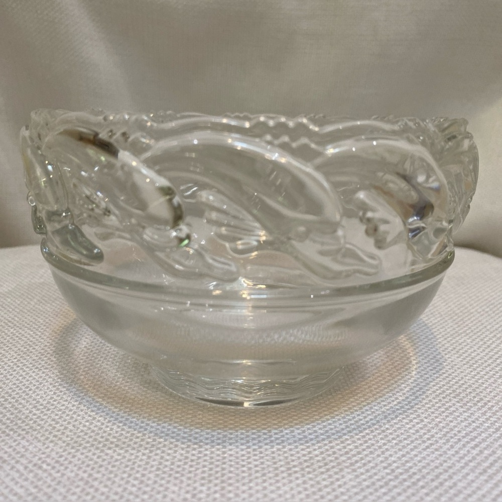Tiffany & Co Signed VTG Art Glass Crystal Dolphin 5” Pedestal Bowl Excellent